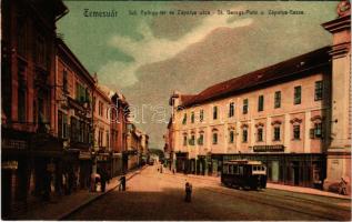 Temesvár, Timisoara; Szt. György tér, Zápolya utca, villamos, Maison Lechner, Müller Péter vegyi tisztító, Moran Miksa üzlete, szálloda / square, street, tram, hotel, shops