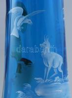 cca 1880, Nagyméretű színezett üvegkancsó, zománcfestett állatmintákkal, hutaüveg, kopással, m: 33 c...