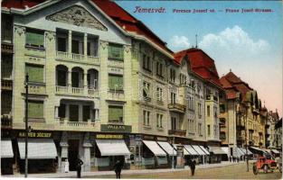 Temesvár, Timisoara; Ferenc József út, Krayer József, üzlete, Pallas Bútorszövetkezet, automobil / street, shops, automobile