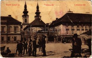 Temesvár, Timisoara; Losonczy tér, Szerb templom, Kerscher üzlete, piaci árusok, csendőr. W. L. (?) 26. / square, street view, Serbian church, shops, market vendors, gendarme (fa)