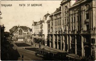 1930 Temesvár, Timisoara; Piata Sf. Gheorghe, Tücher Engros / Szt. György tér, 1-es villamos, Tornóczi és Fortuna üzletek, reklám plakátok a ház falán (Tichy garage, Diana, Farmacia Emil T. Sotirescu, Kanida, Kecskeméty, Odol) / square, tram, shops, advertising posters on the wall. Foto Weinrich, photo (fl)