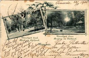 1900 Temesvár, Timisoara; Városligeti kioszk és korzó. Schmidt Edgar kiadása / Kiosk und Rondeau im Stadtpark / corso, kiosk, park. Art Nouveau floral (EK)