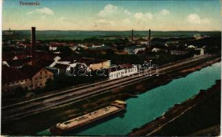 Temesvár, Timisoara; Béga part, uszály, gyárak / riverside, barge, factories (vágott / cut)