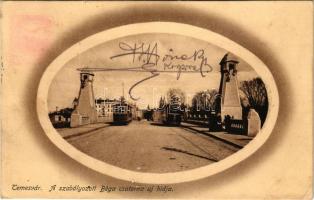 1912 Temesvár, Timisoara; A szabályozott Béga csatorna új hídja, villamosok / bridge, trams (ázott / wet damage)