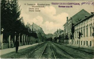 1913 Temesvár, Timisoara; Erzsébetváros, Dózsa utca, villamossín / Elisabetin, street, tram tracks