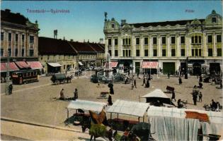 Temesvár, Timisoara; Gyárváros, Fő tér, Marokkaner Szálloda, Farchy Samuel, Goldmann S., Nenadovits, Jermovits Márkusz és Schild Károly üzlete, piac, villamos / main square, shops, market, tram (EK)