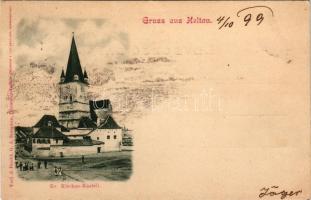 1899 (Vorläufer) Nagydisznód, Heltau, Cisnadie; Ev. Kirchen-Kastell / Evangélikus vártemplom. G.A. Seraphin, Jos. Drotleff / Lutheran castle church + "NAGY-SZEBEN - KIS-KAPUS 149. SZ." vasúti mozgóposta