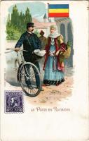 La Poste en Roumaine. Photocol Wien / Romanian post, flag and stamp, folklore. Art Nouveau litho (EK)