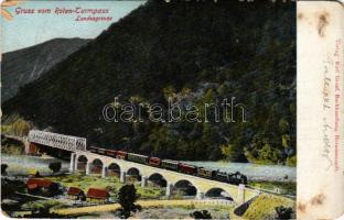 Vöröstoronyi-szoros, Roterturmpass, Pasul Turnu Rosu (Nagyszeben, Sibiu); vasúti híd, vonat, gőzmozdony, határ / railway bridge, train, locomotive, border / Landesgrenze (kopott sarkak / worn corners)