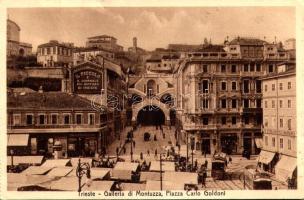 1921 Trieste, Trieszt; Galleria di Montuzza, Piazza Carlo Goldoni / square, market, shops, tram (fl)