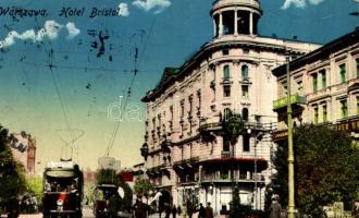 1916 Warszawa, Warschau, Warsaw, Varsó; Hotel Bristol, street view, tram (EK)