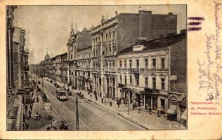 1915 Lódz, Lods; Ul. Piotrkowska / Petrikauer Strasse / street view, tram, shops (small tear)