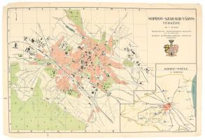 cca 1936 Sopron szabad királyi város térképe, 1 : 12.500, készítette: Marikovszky Zoltán, kiadja: Schwarz Károly könyvkereskedő, Sopron. Hátoldalán az utcák és terek, jelentős épületek, nevezetességek, kirándulóhelyek jegyzékével. Kis lapszéli sérülésekkel, ragasztással javított, 35x50 cm