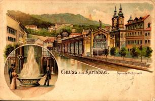 Karlovy Vary, Karlsbad; Sprudelcolonade / spa. Friedr. Kirchner Kunstanstalt Art Nouveau, litho (fl)