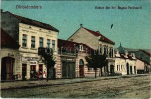 1927 Dicsőszentmárton, Tarnaveni, Diciosanmartin; Vedere din Str. Regele Ferdinand, Cartea Romaneasca Librarie / utca, Komáromi üzlete, könyvnyomda üzlete és saját kiadása (EB)