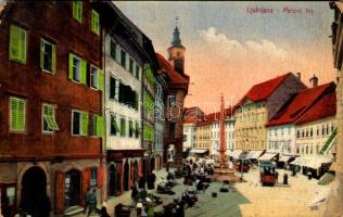 1916 Ljubljana, Laibach; Mestni trg / market, tram, shops (wet damage)