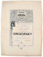 1930 Magyar Gyorsírók Egyesülete gyorsírás pályázatért kiállított dicsérő oklevele, D'Isoz Emil titkár és Kováts Alajos elnök aláírásával, bélyegzővel. Hajtva, kis lapszéli szakadással, 44x31 cm