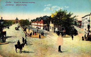 1916 Lviv, Lwów, Lemberg; Bahnhofsallee / Wjazd na dworzce kolejowy / street view, railway station (surface damage)