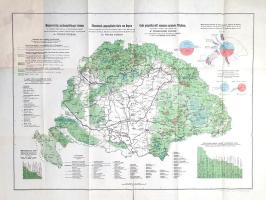 Magyarország gazdaságföldrajzi térképe. Teleki Pál és Cholnoky Jenő közreműködésével hivatalos adatok alapján szerkesztette Fodor Ferenc. Mérték: 1:1,500.000. Magyar-német-olasz nyelvű változat. (1920) Budapest, 1920. Magyar Földrajzi Intézet R. T. (ny.) Színes térkép, mérete: 550x745 mm egy 635x845 mm méretű térképlapon, a térképen kívül, a jobb felső sarokban felülragasztás. A térkép földrajzi nevein kívül valamennyi felirat három nyelvű. Magyar, német és olasz nyelven szerepel a jelmagyarázat, illetve a három sarokban elhelyezett infografika: Magyarország ipari vesztesége a békefeltételek szerint. - Magyarország gazdasági vesztesége a békefeltételek szerint. - Magyarország behozatali és kiviteli forgalma szárazon és vízen. Dokumentumunk a trianoni béketárgyalásokon használt magyar, francia és angol nyelvű kiadvány ritkább, magyar, német és olasz nyelvű változata. Elkészítését készítői így indokolták: ,,Mivel a béketárgyalásokban, de különösen a várható jóvátételi és határkiigazítási bizottságokban mindinkább a gazdaságföldrajzi kérdések nyomulnak előtérbe, Cholnoky Jenő és Teleki Pál gróf közreműködésével Fodor Ferenc megszerkesztette Magyarország gazdaságföldrajzi térképét." A térképen alul, középen, a hajtás mentén apró javítás, bal felső sarkában a tartalmazó füzetborítóhoz való ragasztás enyhe foltossága. A térkép verzóján, az első fedőborítón és verzóján régi gyűjteményi bélyegzés és katalógusszám. Poss.: A kecskeméti református főiskola könyvtára. Jó állapotú térkép, hajtogatva, enyhén sérült, javított kiadói borítóban. Jó példány.