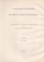 A veszprémi püspökség római oklevéltára. Monumenta Romana Episcopatus Vespremiensis. II. kötet. 1276-1415. Budapest, 1899. Római Magyar Történeti Intézet (Franklin-Társulat nyomdája). CII + [2] + 467 + [1] p. Folio. Egyetlen kiadás. A pápai adminisztráció által a veszprémi püspökség számára kiadott latin nyelvű pápai oklevelek jó bepillantást nyújtanak a katolikus egyházon belüli ügymenet szerteágazóságára. Jóllehet a legtöbb oklevél kinevezési, utódlási és búcsú-engedélyezési ügyekben keletkezik, a Szentszék számos esetben bírói hatalmat is ad a püspökségnek a katolikus egyházat ért sérelmek ügyében. A Szentszék olykor feloldja a kiközösítést, olykor leromboltatja az engedély nélkül épült zsidó imaházat, olykor megsemmisíti a hozzájárulása nélkül végbevitt érseki kinevezést. Valamennyi oklevélszöveg előtt rövid magyar nyelvű összefoglaló, a könyv testét kitevő oklevélanyag előtt terjedelmes latin és magyar nyelvű bevezető. A sorozat négy kötetben dolgozza fel a Szentszék és a veszprémi püspökség 1103-1526 közötti kapcsolatát, példányunk az önállóan is megálló II. kötet a sorozatban. Aranyozott gerincű, XX. század első feléből származó félvászon kötésben. Jó példány.