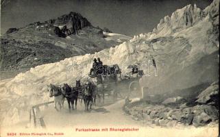 1908 Furkastrasse mit Rhonegletscher / Furka Pass with glacier, horse-drawn carriage (wet corner)