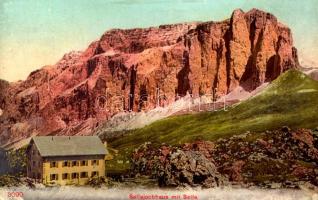 1907 Passo Sella, Sellajoch (Südtirol); Sellajochhaus mit Sella / rest house, tourist house (fl)