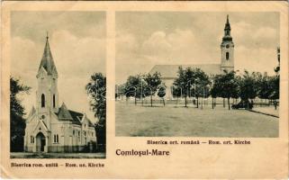 Nagykomlós, Comlosu Mare; Biserica rom. unita, Biserica ort. romana / Rom. un. Kirche, Rom. ort. Kirche / templomok / churches (fa)