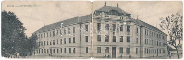 1914 Slavkov u Brna, Austerlitz; Bürgerschule / school. 2-tiled folding panoramacard (EM)