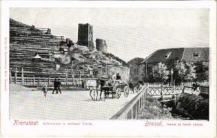 Brassó, Kronstadt, Brasov; Fekete és Fehér bástya, lovas szekér. Wilh. Hiemesch / Schwarzer und weisser Turm / bastion towers, horse-drawn carriage (EK)