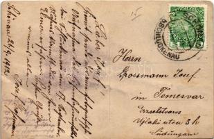 1912 Velky Senov (Sluknov), Schönau b. Schluckeanu; railway accident, broken bridge with trains. pho...