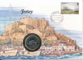 Jersey 1988. 10p Cu-Ni felbélyegzett borítékban, bélyegzéssel, német nyelvű leírással T:UNC Jersey 1988. 10 Pence Cu-Ni in envelope with stamp, with German description C:UNC