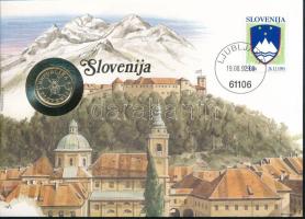 Szlovénia 1991. 0,10L sárgaréz kereskedelmi zseton felbélyegzett borítékban, bélyegzéssel, német nyelvű leírással T:UNC  Slovenia 1991. 0,10 Lipe brass trade token in envelope with stamp, cancellation and a prospectus in german C:UNC