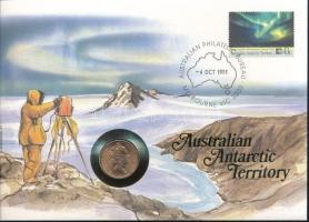 Ausztrál antarktiszi terület benne Ausztrália 1989. 2c felbélyegzett borítékban, bélyegzéssel, német nyelvű leírással T:UNC  Australian Antarctic Territory in it Australia 1989. 2 Cents in envelope with stamp and cancellation, with German description C:UNC