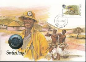 Szváziföld 1986. 5c Cu-Ni felbélyegzett borítékban, bélyegzéssel, német nyelvű leírással T:UNC  Swaziland 1986. 5 Cents Cu-Ni in envelope with stamp, cancellation, and a description in german C:UNC