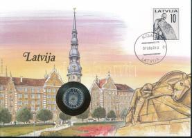 Lettország 1992. 50s Cu-Ni felbélyegzett borítékban, bélyegzéssel, német nyelvű tájékoztatóval T:AU  Latvia 1992. 50 Santimu Cu-Ni in envelope with stamp, cancellation and a prospectus in german C:AU