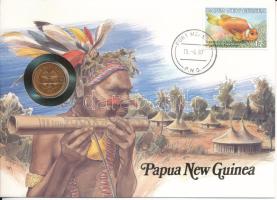 Pápua Új-Guinea 1987. 2t Cu-Zn felbélyegzett borítékban, bélyegzéssel, német nyelvű tájékoztatóval T:UNC  Papua New Guinea 1987. 2 Toea Cu-Zn in envelope with stamp, cancellation and a prospectus in german C:UNC