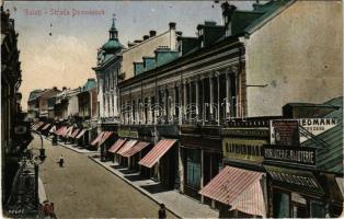 1925 Galati, Galatz; Strada Domneasca, Horlogerie si Bijuterie Max Goldstein, Magasin de Incredere N.I. Friedmann, Friedmann si Silberstein / street, shops (tiny pinhole)