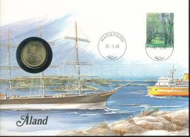 Finnország / Aland 1986. 20p Al-bronz felbélyegzett borítékban, bélyegzéssel, német nyelvű leírással T:UNC Finland / Aland 1986. 20 Penniä Al-bronze in envelope with stamp, cancellation and a prospectus in german C:UNC