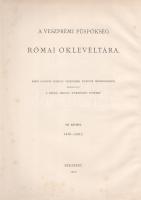 A veszprémi püspökség római oklevéltára. Monumenta Romana Episcopatus Vespremiensis. III. kötet. 1416-1492. Budapest, 1902. Római Magyar Történeti Intézet (Franklin-Társulat nyomdája). CXXVI + [2] + 394 p. Folio. Egyetlen kiadás. A pápai adminisztráció által a veszprémi püspökség számára kiadott latin nyelvű pápai oklevelek jó bepillantást nyújtanak a katolikus egyházon belüli ügymenet szerteágazóságára. Jóllehet a legtöbb oklevél kinevezési, utódlási és búcsú-engedélyezési ügyekben keletkezik, a Szentszék számos esetben bírói hatalmat is ad a püspökségnek a katolikus egyházat ért helyi sérelmek ügyében. A veszprémi püspökség - az összes püspökséghez hasonlóan - gyakran folyamodik a Szentszékhez egyes klerikusait ért fizikai vagy anyagi inzultus megtorlása ügyében, különösen, ha a bántalmazó maga is az egyház része. Az ilyen ügyek sokaságából kiviláglik a katolikus egyház jogi értelemben vett függetlensége a királyi bíráskodási hatalomtól, az államnak pedig nem sok beleszólása van az egyházon belüli birtok- és tizedperekbe. Az oklevélgyűjteményt olykor válási kérelmek tarkítják: ebben a korban a házasfelek válásához a Szentszéktől kellett engedélyt kérni. Szentté avatási ügyekben magától értetődően Rómához folyamodnak a kérelmezők - korszakunkban maga Mátyás király kérelmezi Árpád-házi Margit szentté avatását, a veszprémi püspökség közbenjárásával. Valamennyi oklevélszöveg előtt rövid magyar nyelvű összefoglaló, a könyv testét kitevő oklevélanyag előtt terjedelmes latin és magyar nyelvű bevezető. A sorozat négy kötetben dolgozza fel a Szentszék és a veszprémi püspökség 1103-1526 közötti kapcsolatát, példányunk az önállóan is megálló III. kötet a sorozatban. Aranyozott gerincű, XX. század első feléből származó félvászon kötésben. Jó példány.