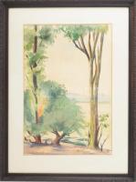 Polgár jelzéssel: Vízparti táj. Akvarell, papír, üvegezett fakeretben, 44×30 cm