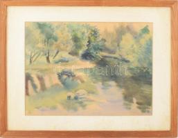 Hangya (...) jelzéssel (Hangya András?): Vízparti táj. Akvarell, papír, üvegezett fakeretben, 29×40 ...