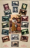 Bosnia and Herzegovina, Gruss aus Bosnien und Herzegowina / Montage with stamps and folklore. Simon Kattan Sarajevo + "K. und K. Milit. Post Sarajevo" (fl)