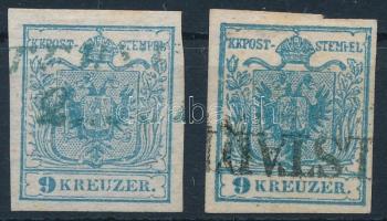 1850 2 db I. tipusú 9kr, az egyik színes bélyegzéssel