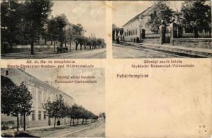 1913 Fehértemplom, Ung. Weisskirchen, Bela Crkva; Állami elemi fiú és leányiskola, Községi szerb iskola, Községi elemi fiúiskol. G. Wunder kiadása / Staats-Elementar-Knaben- und Mädchenschule, Serbische Kommunal-Volksschule, Kommunal-Knabenschule / girls and boys school, Serbian school (apró lyukak / tiny pinholes)