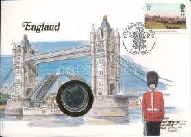 Nagy-Britannia 1992. 1P felbélyegzett borítékban, bélyegzéssel, német nyelvű leírással T:UNC  Great Britain 1992. 1 Pound in envelope with stamp and cancellation, with German description C:UNC