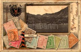 Risan, Risano; Set of Austrian (Austro-Hungarian) stamps with coat of arms. Ottmar Zieher Philatelie-Ansichtskarte No. 6. Emb. litho (pinhole)