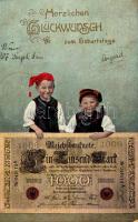 1907 Herzlichen Glückwunsch zum Geburtstage! Reichsbanknote Ein Tausend Mark / Birthday greeting art postcard with 1000 Mark German banknote (EK)