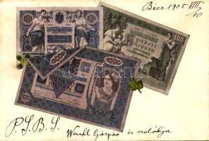 1905 Fünfzig, Hundert und Tausend Kronen Oesterreichisch-ungarische Bank / 50, 100 és 1000 korona bankjegy lóherével / Austrian (Austro-Hungarian) banknotes with clover (EK)