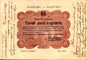 1902 Kossuth pénz. Kincstári utalvány Tizenöt pengő krajcárra. Gerster Á. kiadása / Kossuth-Geld / Hungarian banknote (EB)