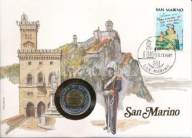 San Marino 1991. 500L Bimetál felbélyegzett borítékban, bélyegzéssel, német nyelvű leírással T:UNC  San Marino 1991. 500 Lire Bimetallic in envelope with stamp, cancellation and a prospectus in german C:UNC